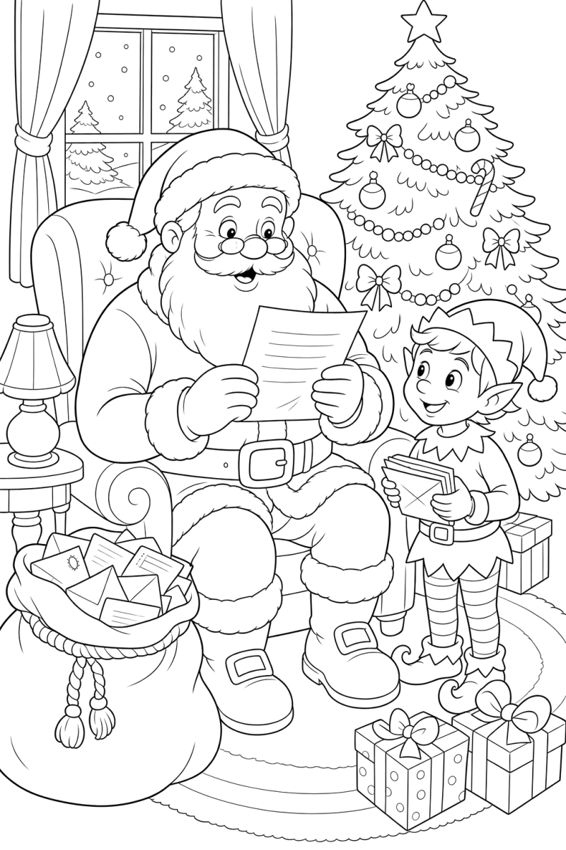 Papai Noel sentado entre os presentes para colorir