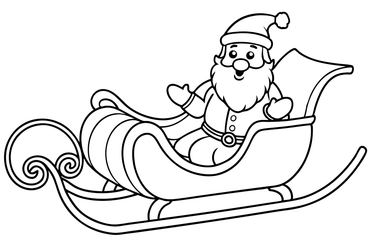 Papai Noel sentado no trenó acenando para colorir