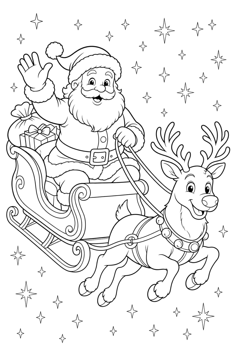 Papai Noel voando no trenó com as renas para colorir