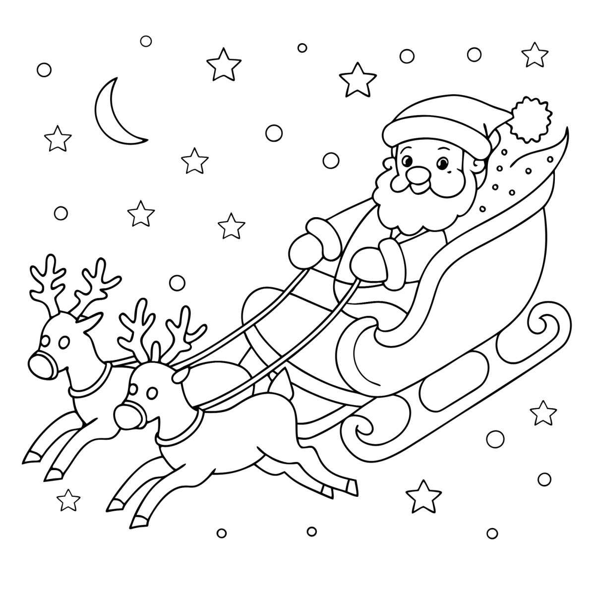 Papai Noel voando no trenó sob a lua e estrelas para colorir