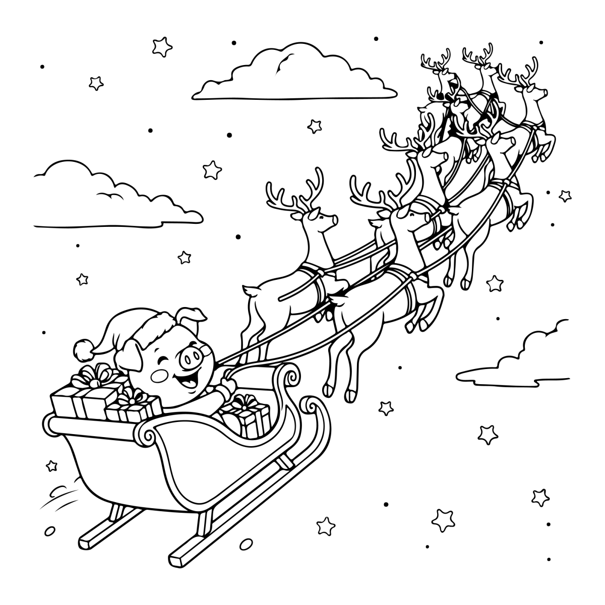 Papai Noel voando no trenó sobre as nuvens para colorir