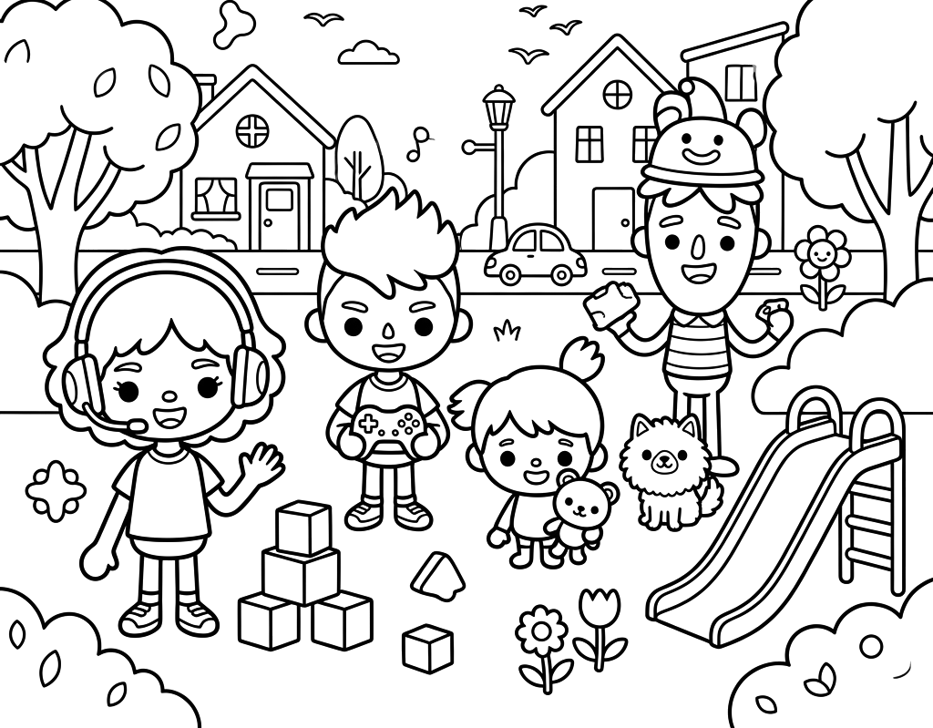 Parquinho do Toca Boca com escorregador e amigos para colorir
