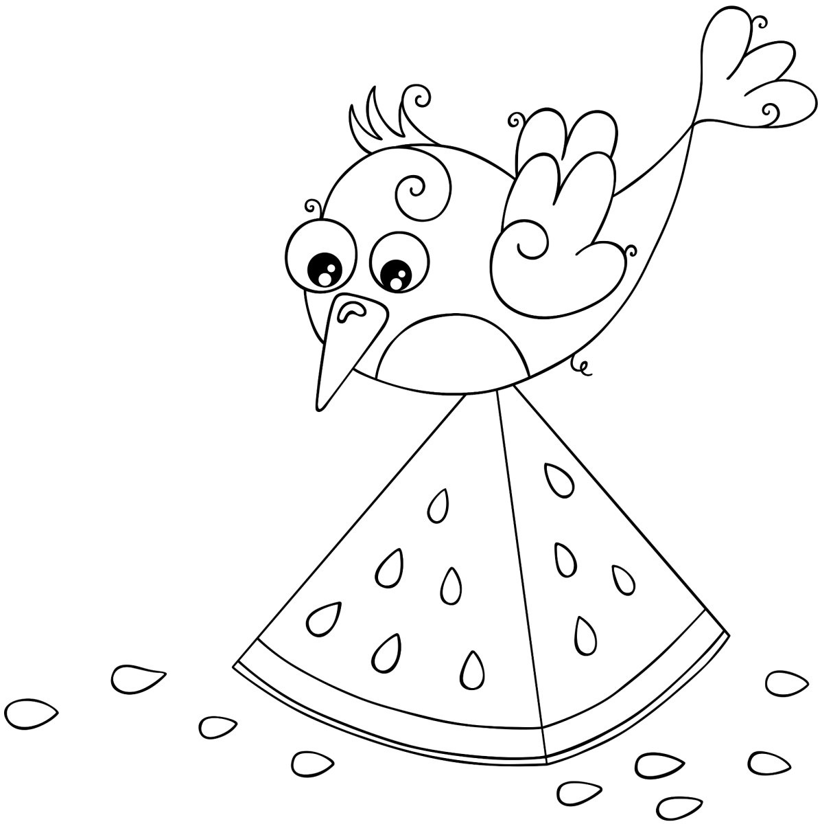 Passarinho bicando uma fatia de melancia para colorir