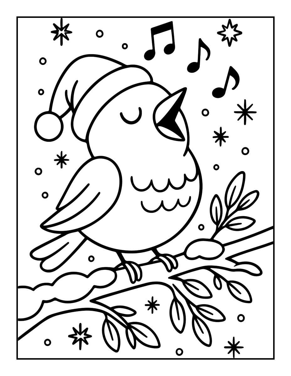 Passarinho cantando no galho de Natal para colorir