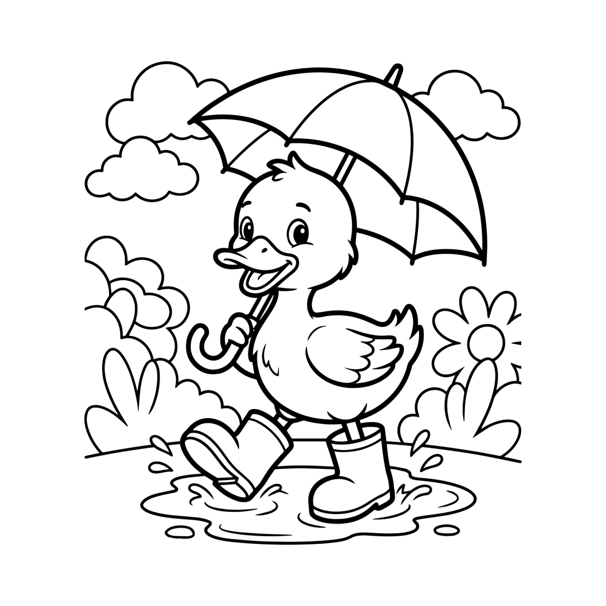 Patinho com guarda-chuva na chuva para colorir