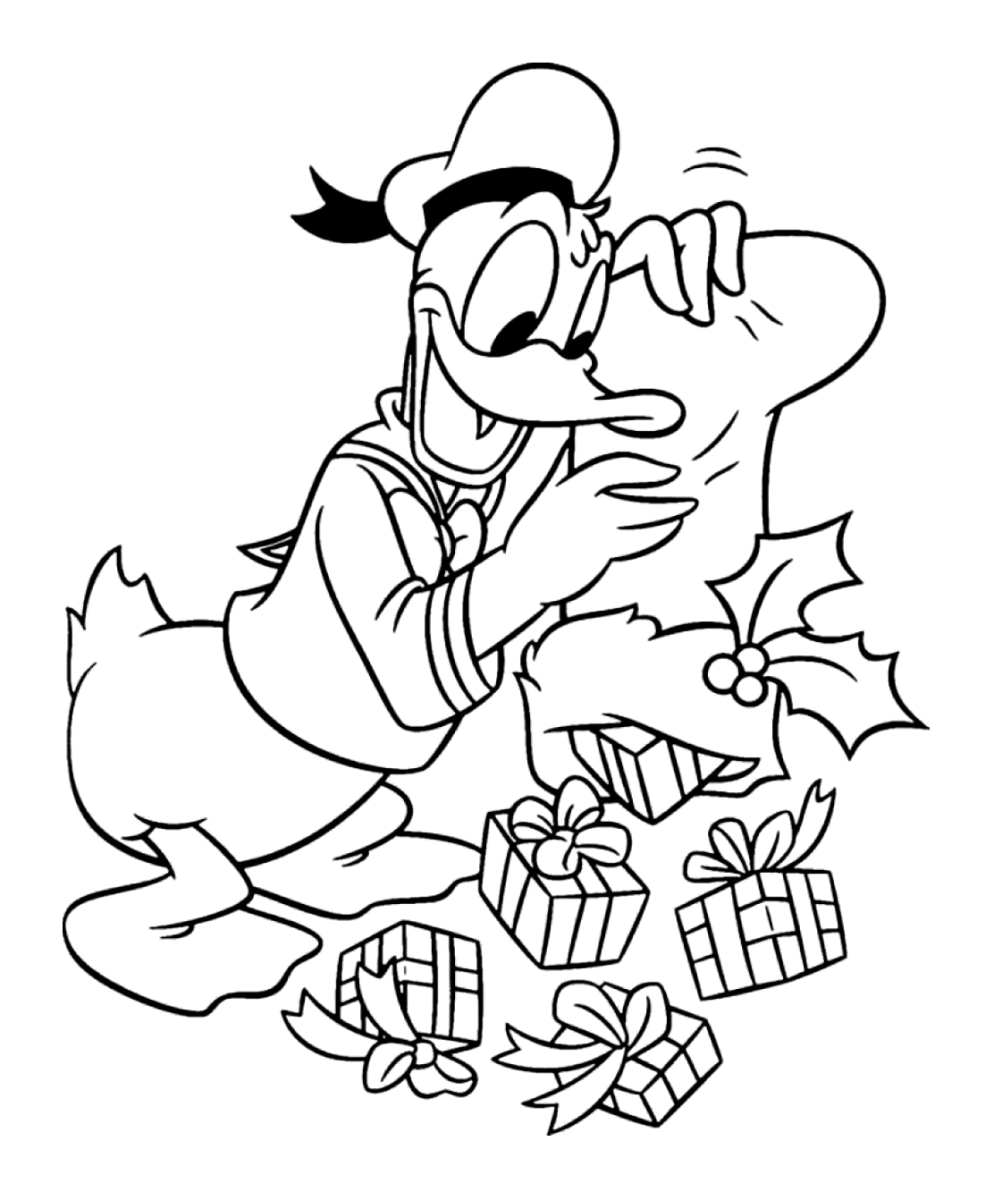 Pato Donald abrindo presentes de Natal para colorir