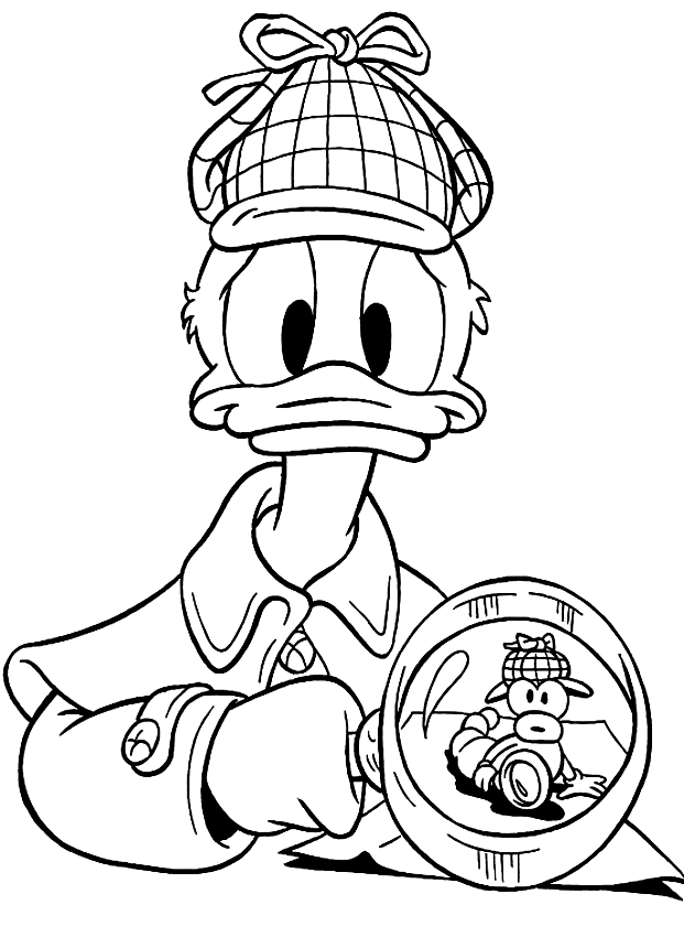 Pato Donald detetive com lupa para colorir