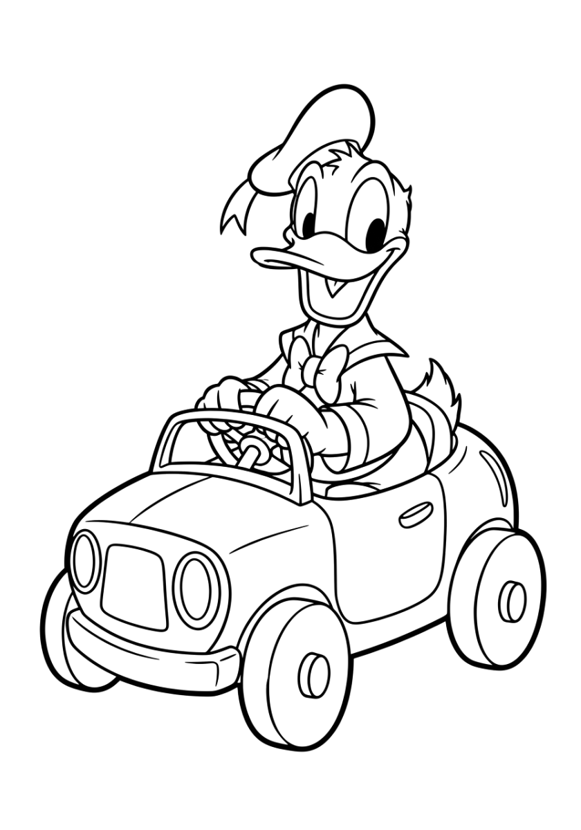 Pato Donald dirigindo seu carro para colorir