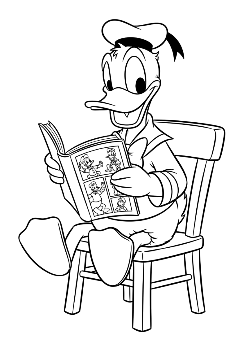 Pato Donald lendo jornal na cadeira para colorir