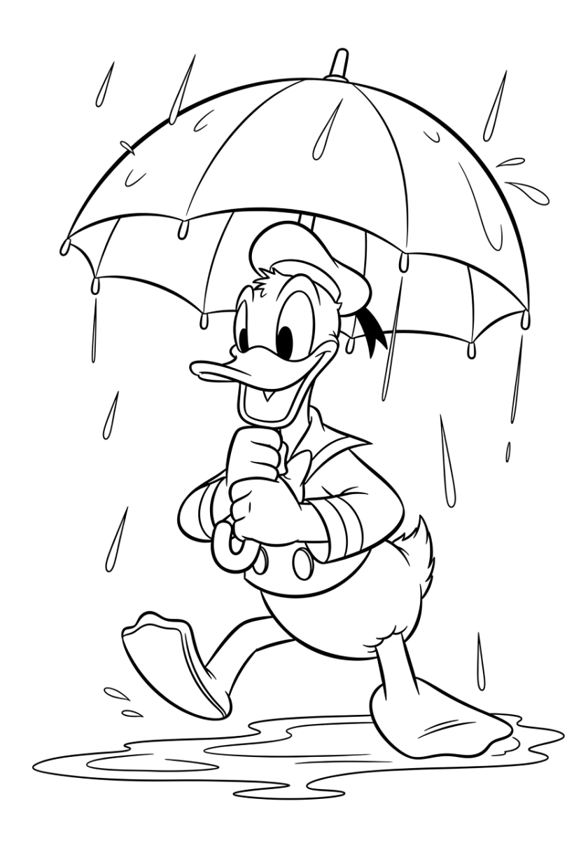 Pato Donald na chuva com guarda-chuva para colorir