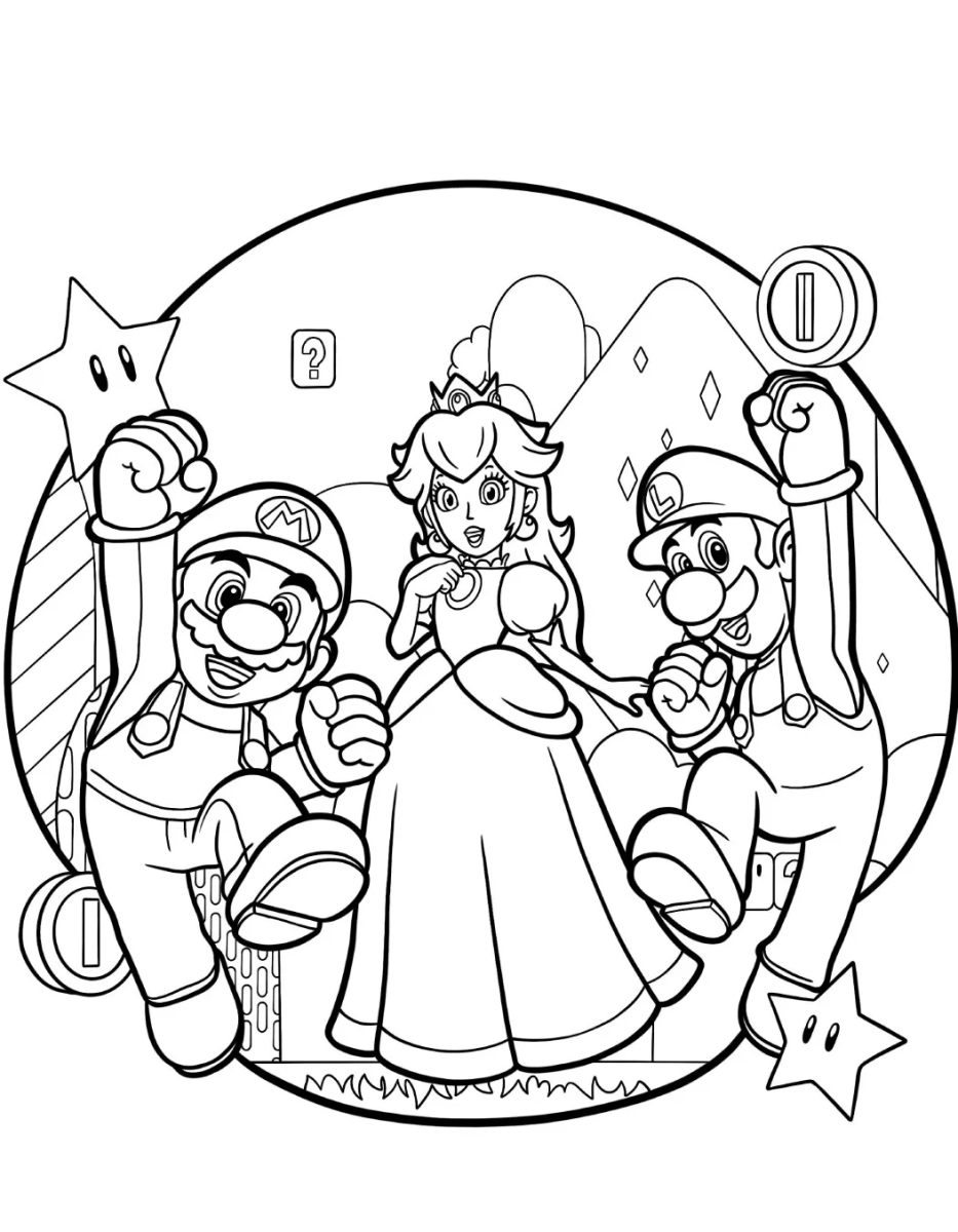Peach, Mario, Luigi e Toad para colorir