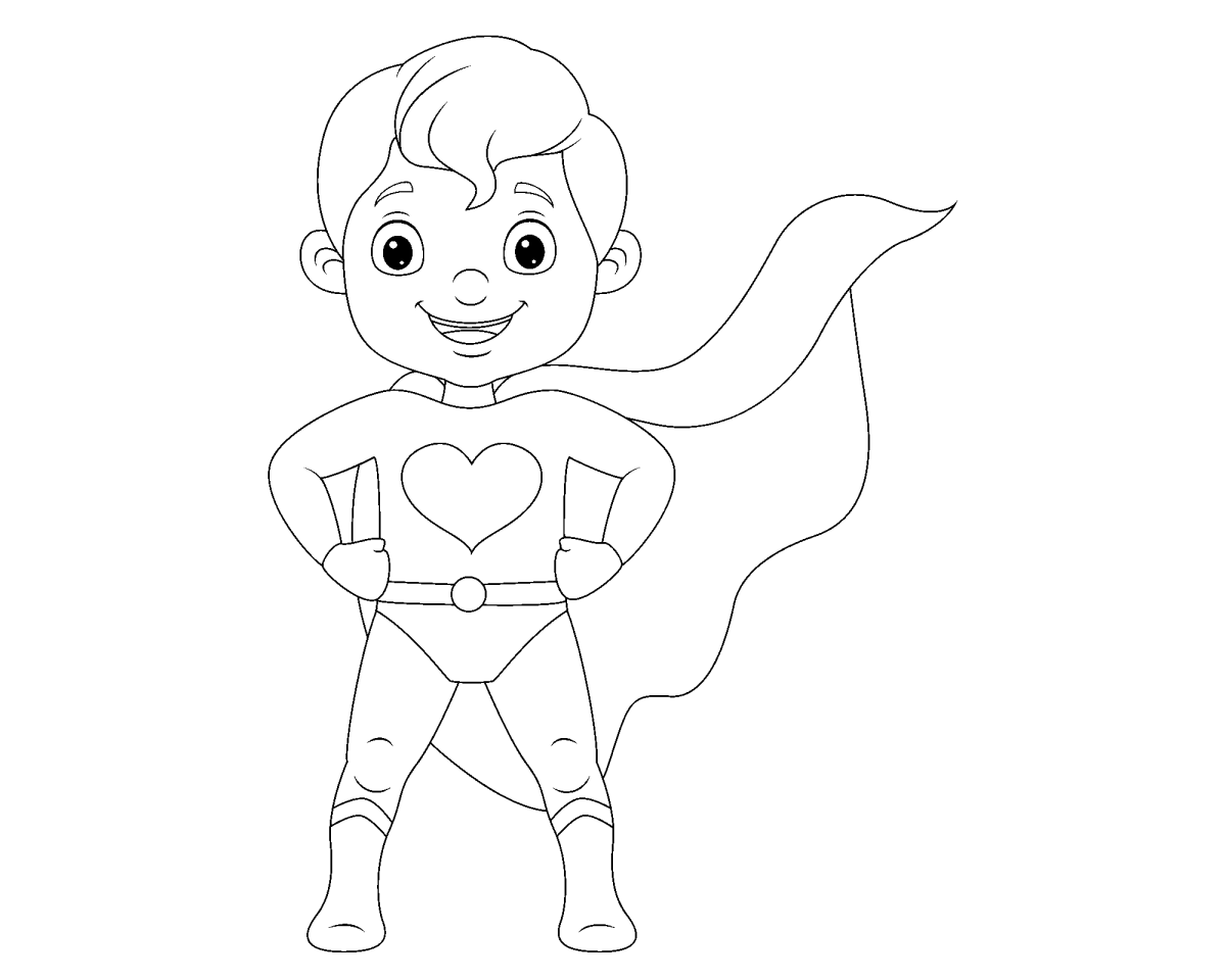 Pequena heroína de capa com coração no peito para colorir