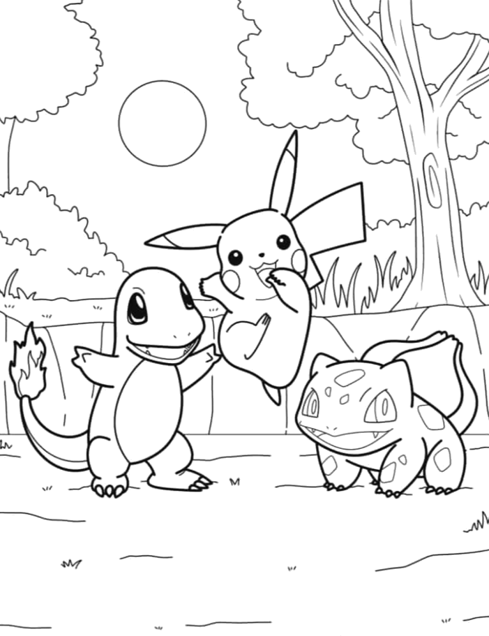 Pikachu, Charmander e Bulbasaur na floresta para colorir