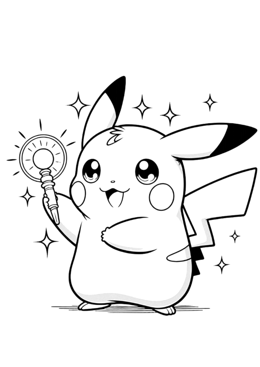 Pikachu com varinha mágica de estrela para colorir