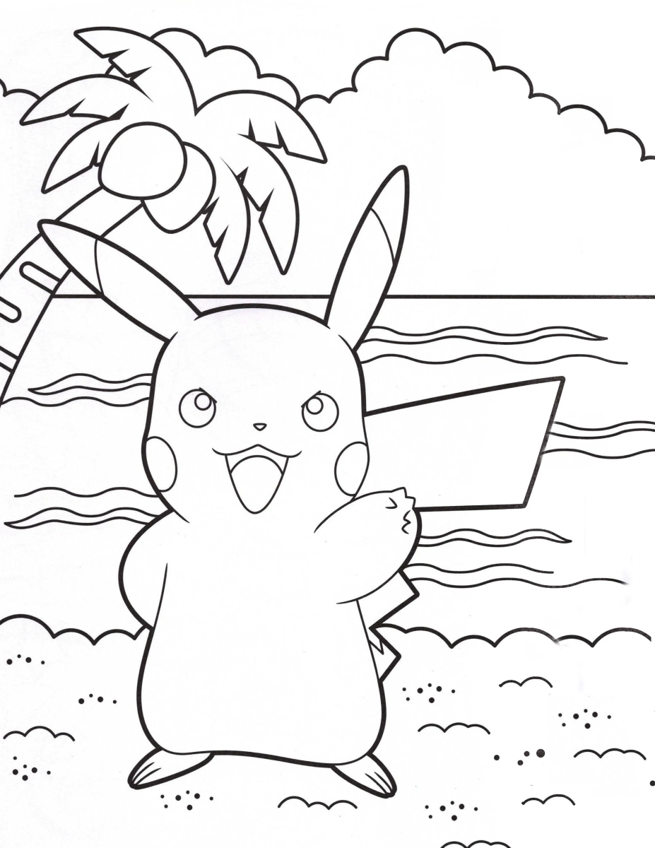 Pikachu de férias na praia para colorir