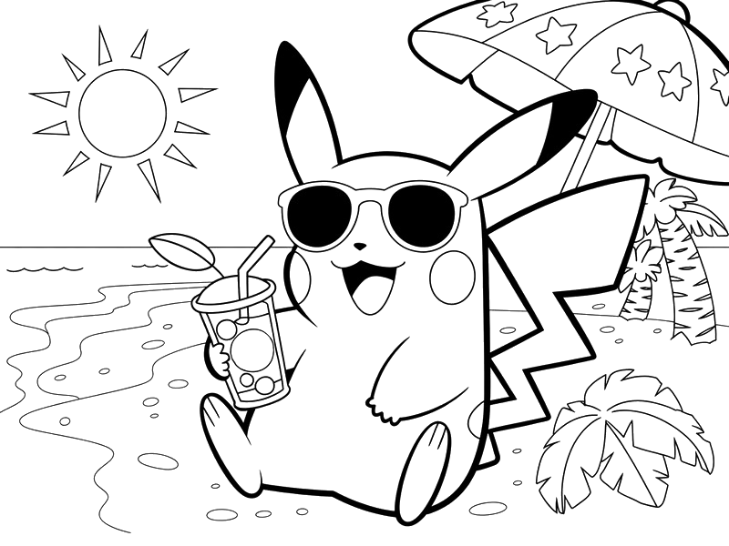 Pikachu de óculos escuros na praia para colorir