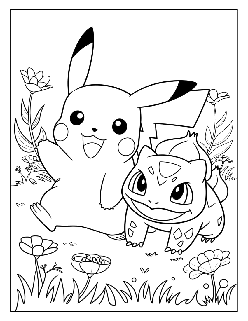 Pikachu e Bulbasaur no jardim florido para colorir