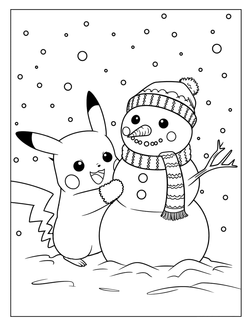 Pikachu e o boneco de neve para colorir