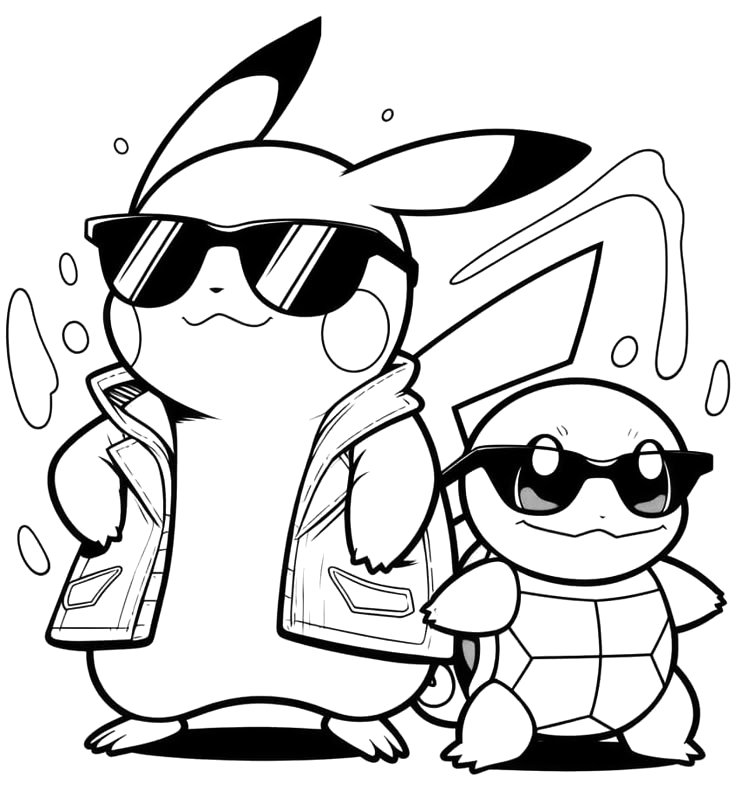 Pikachu e Squirtle de óculos escuros para colorir