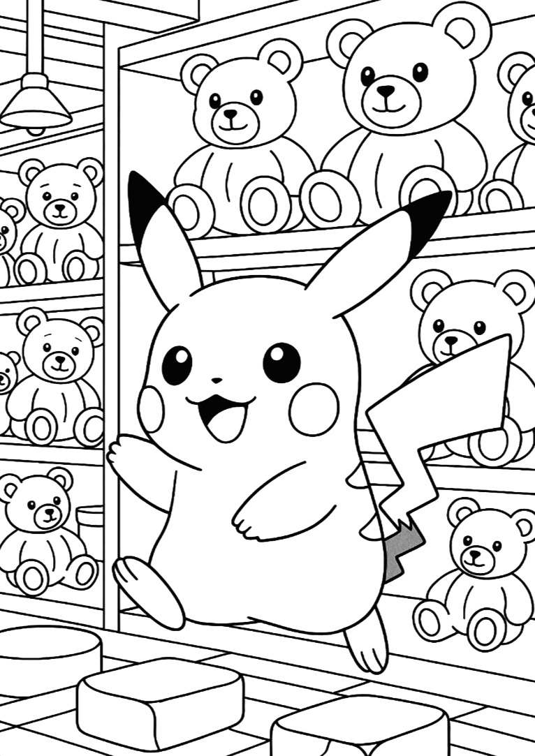 Pikachu na loja de ursinhos de pelúcia para colorir
