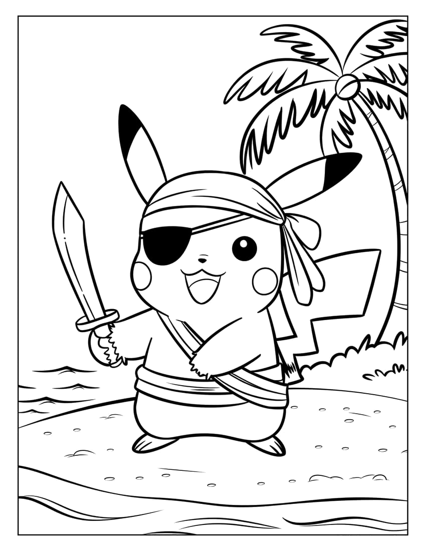 Pikachu pirata na ilha para colorir
