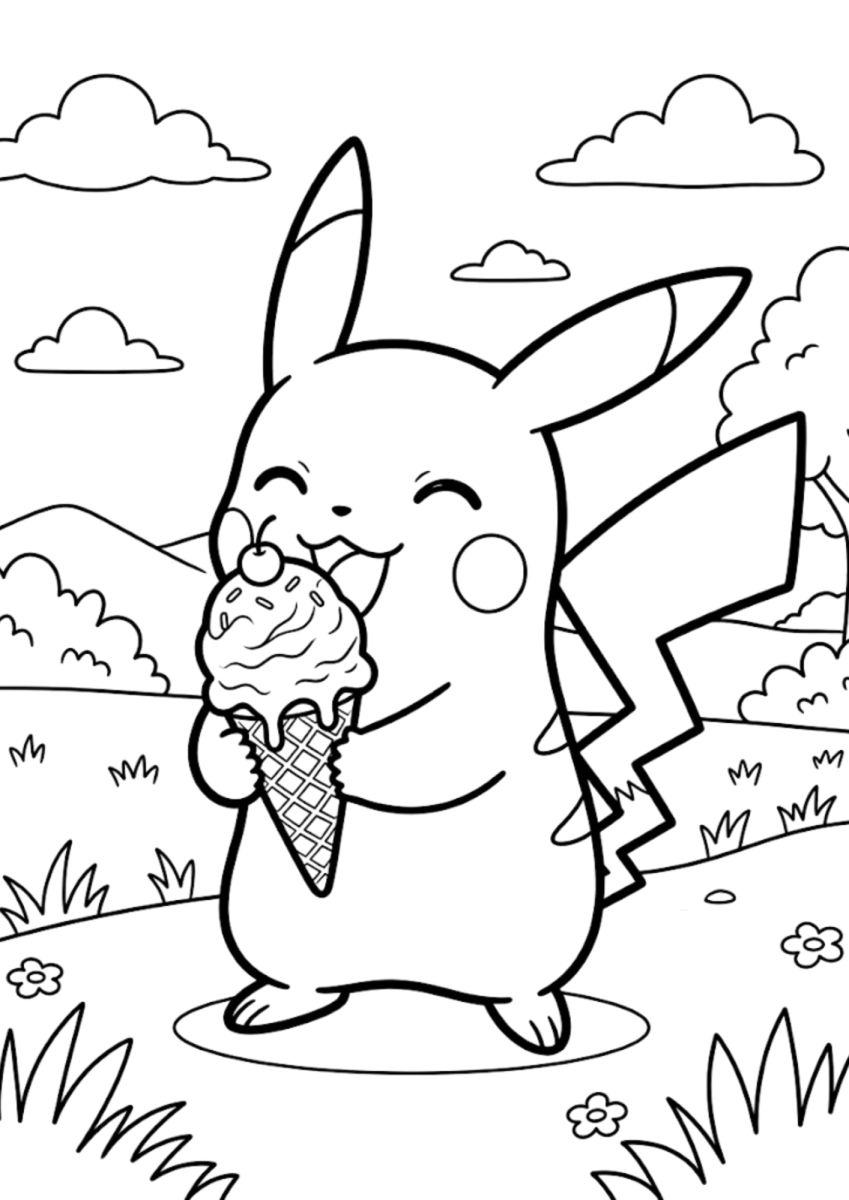 Pikachu tomando sorvete no parque para colorir