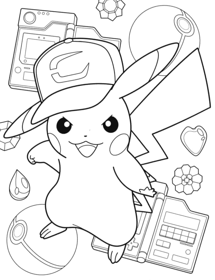 Pikachu treinador com Pokédex para colorir