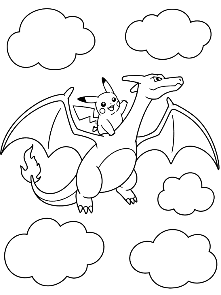 Pikachu voando nas costas do Charizard para colorir