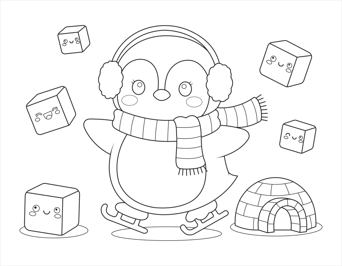 Pinguim brincando com cubos de gelo para colorir