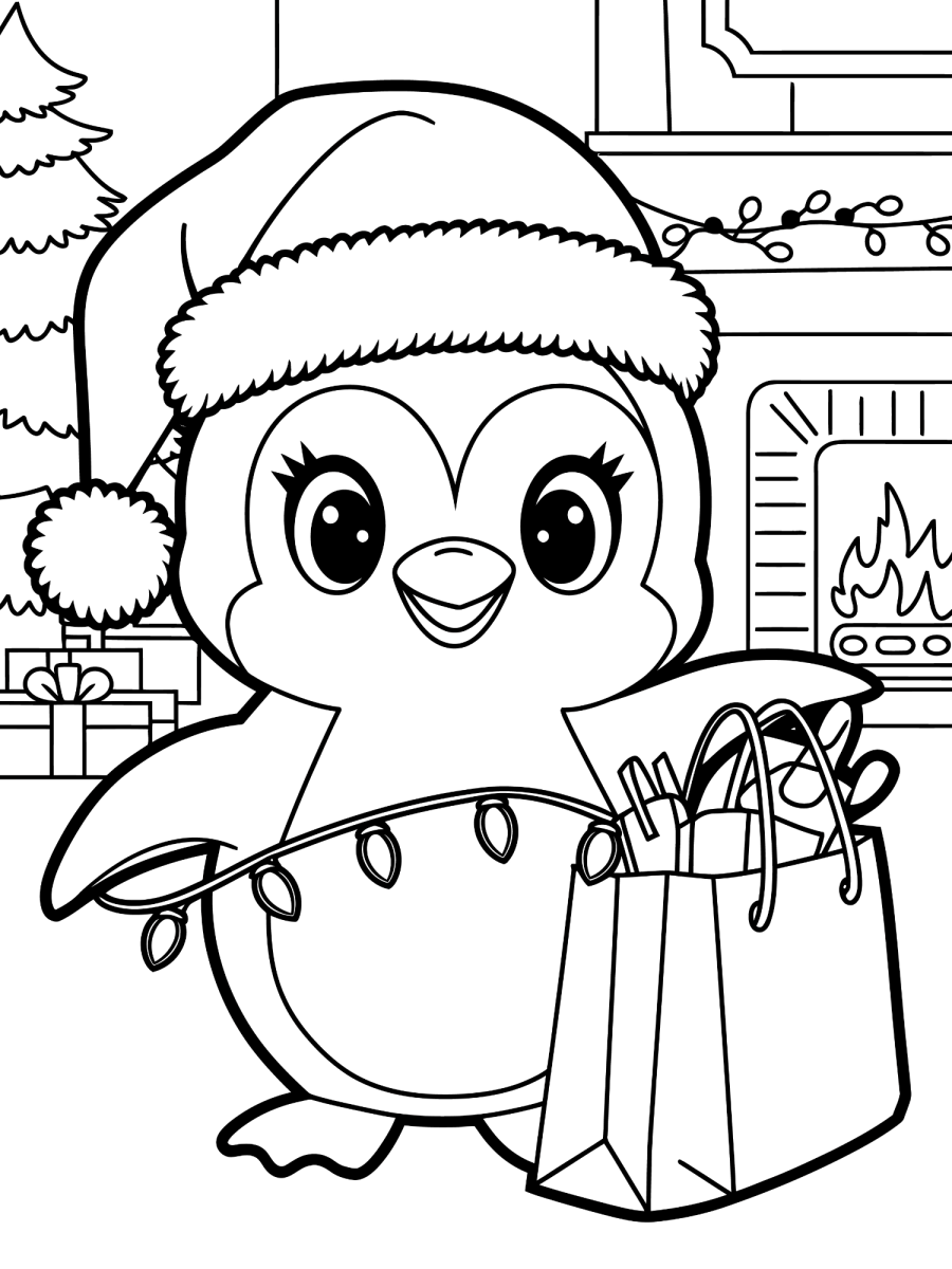 Pinguim com sacola de presentes na loja para colorir