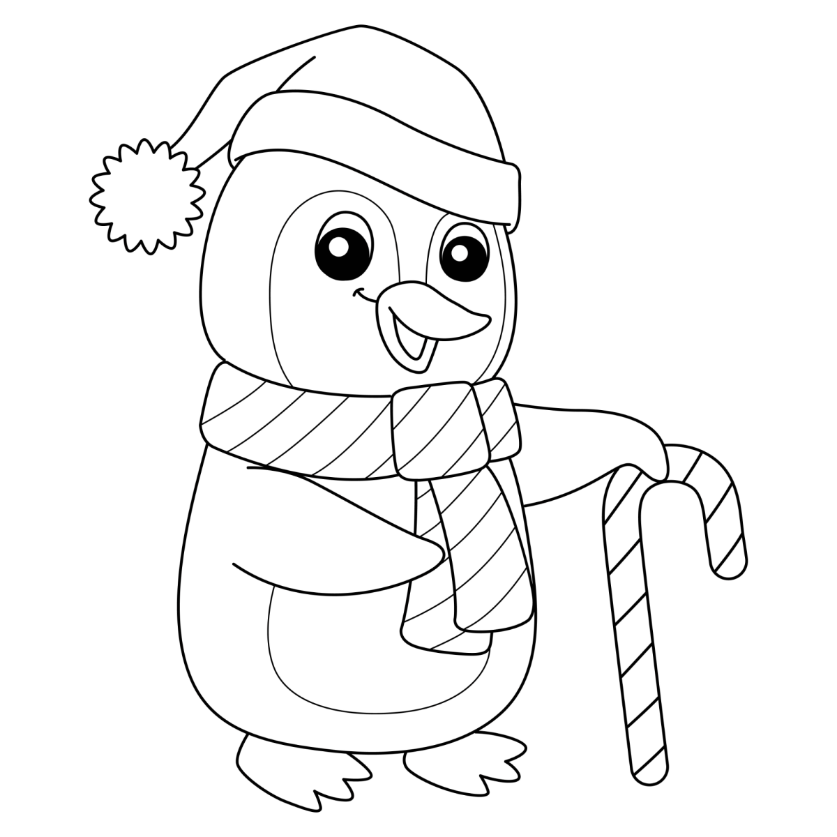 Pinguim de cachecol segurando bengala doce para colorir