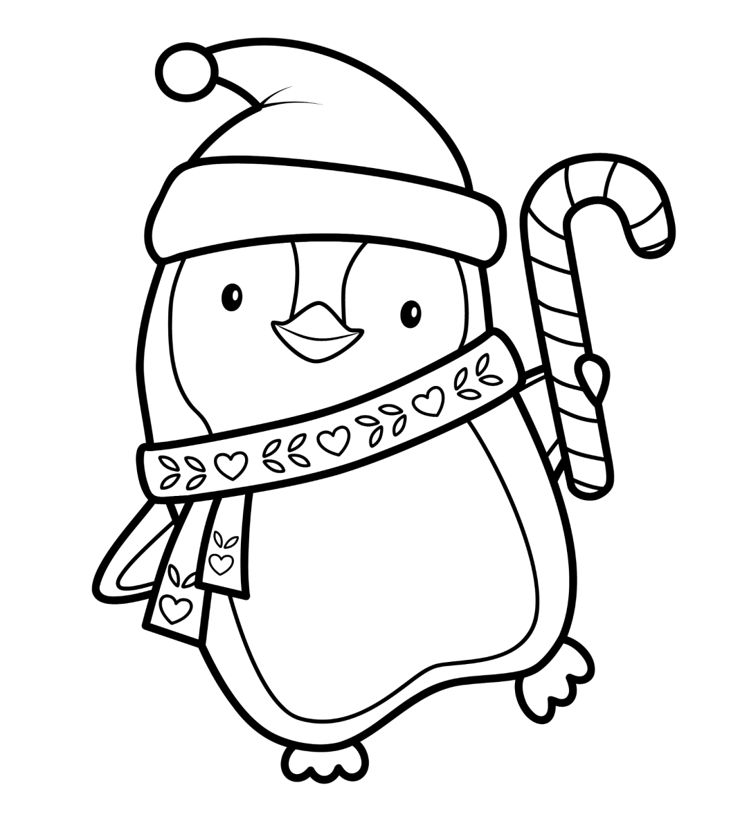 Pinguim de gorro com bengala doce para colorir
