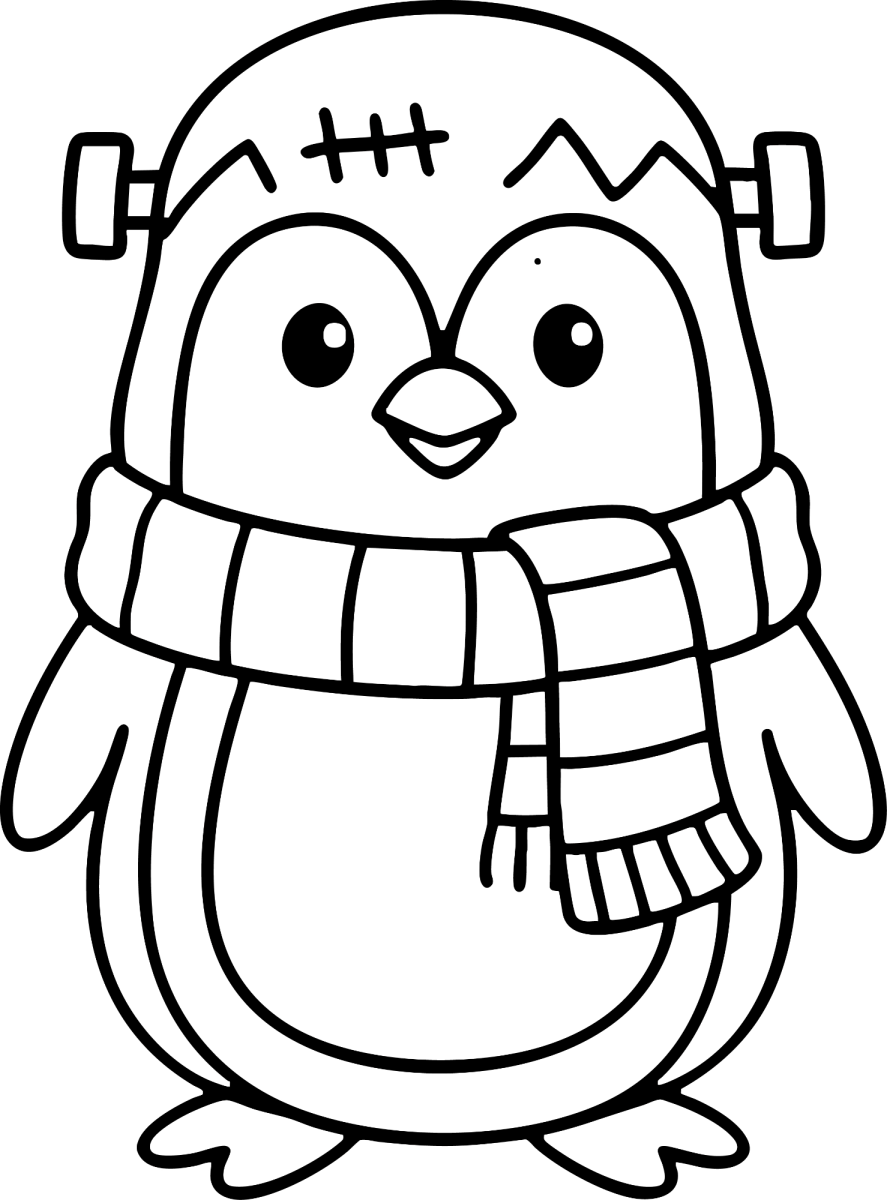 Pinguim de gorro com cachecol de listras para colorir