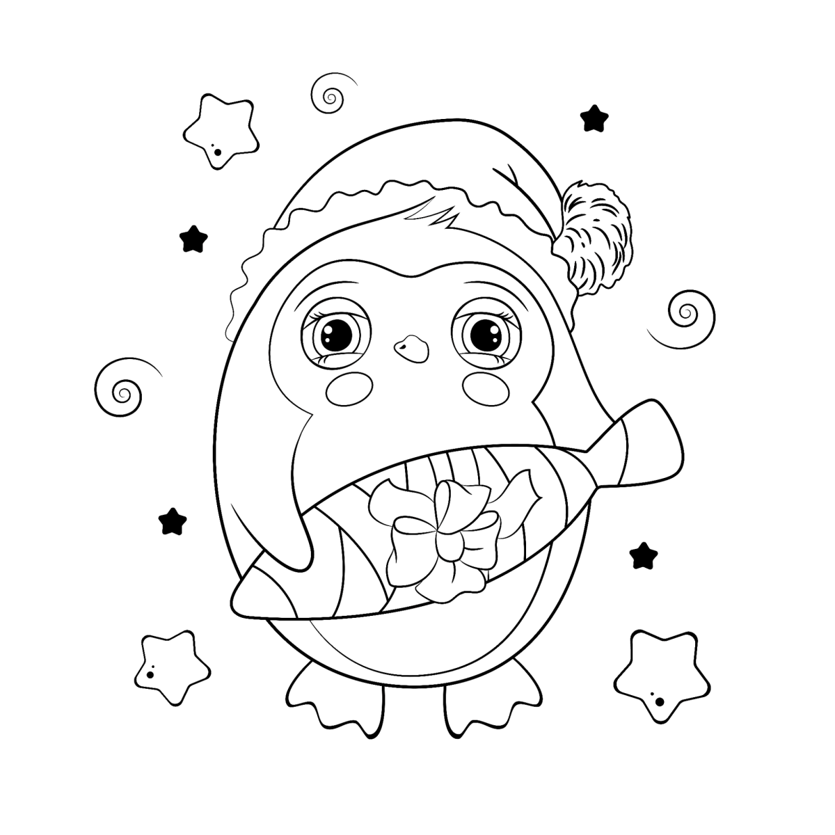Pinguim de gorro de Natal entre estrelas para colorir