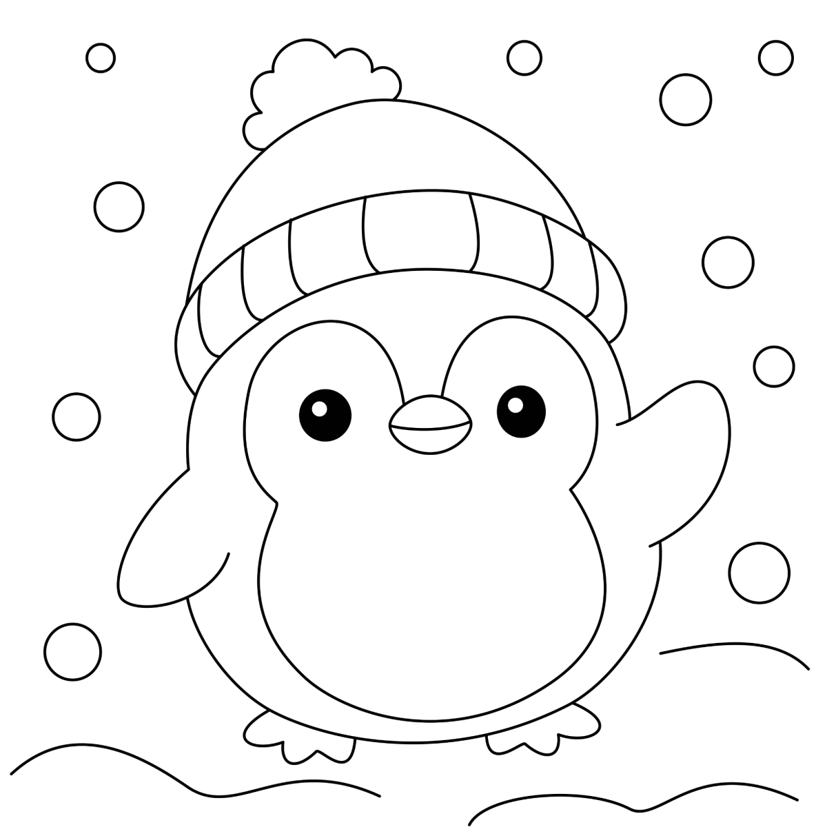 Pinguim de gorro entre flocos de neve para colorir