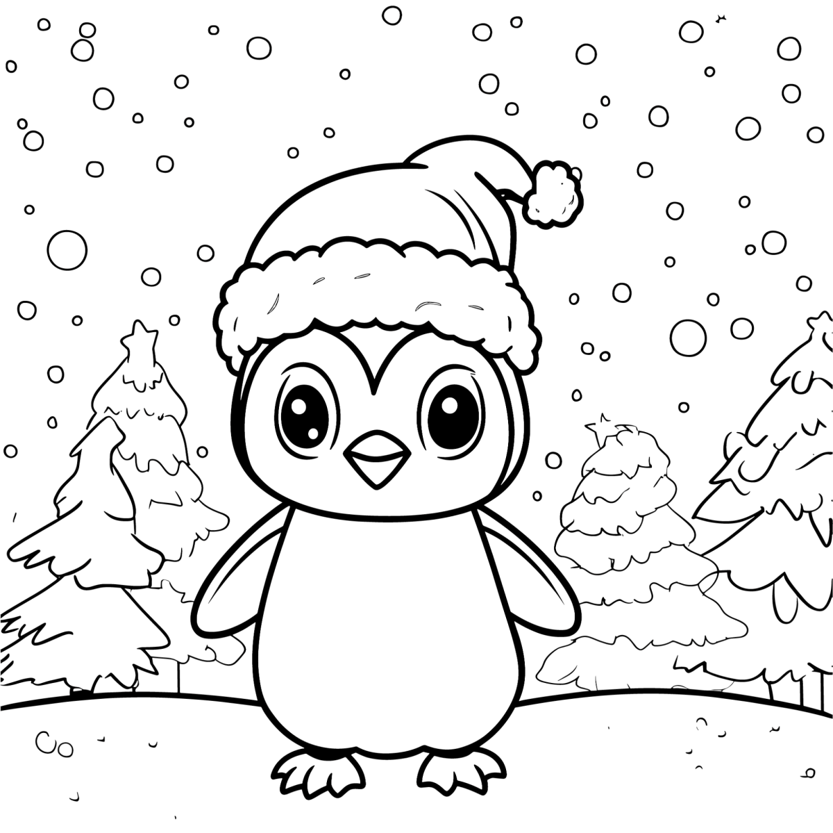 Pinguim de gorro na floresta nevada para colorir