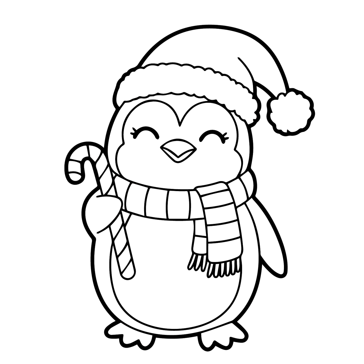 Pinguim de Papai Noel com bengala e cachecol para colorir