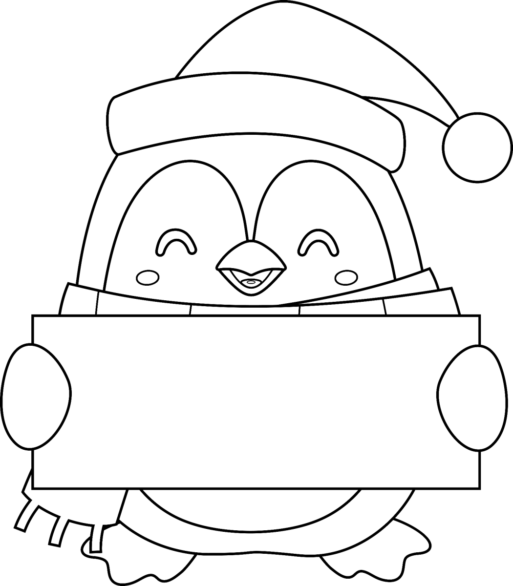 Pinguim de Papai Noel segurando uma placa para colorir