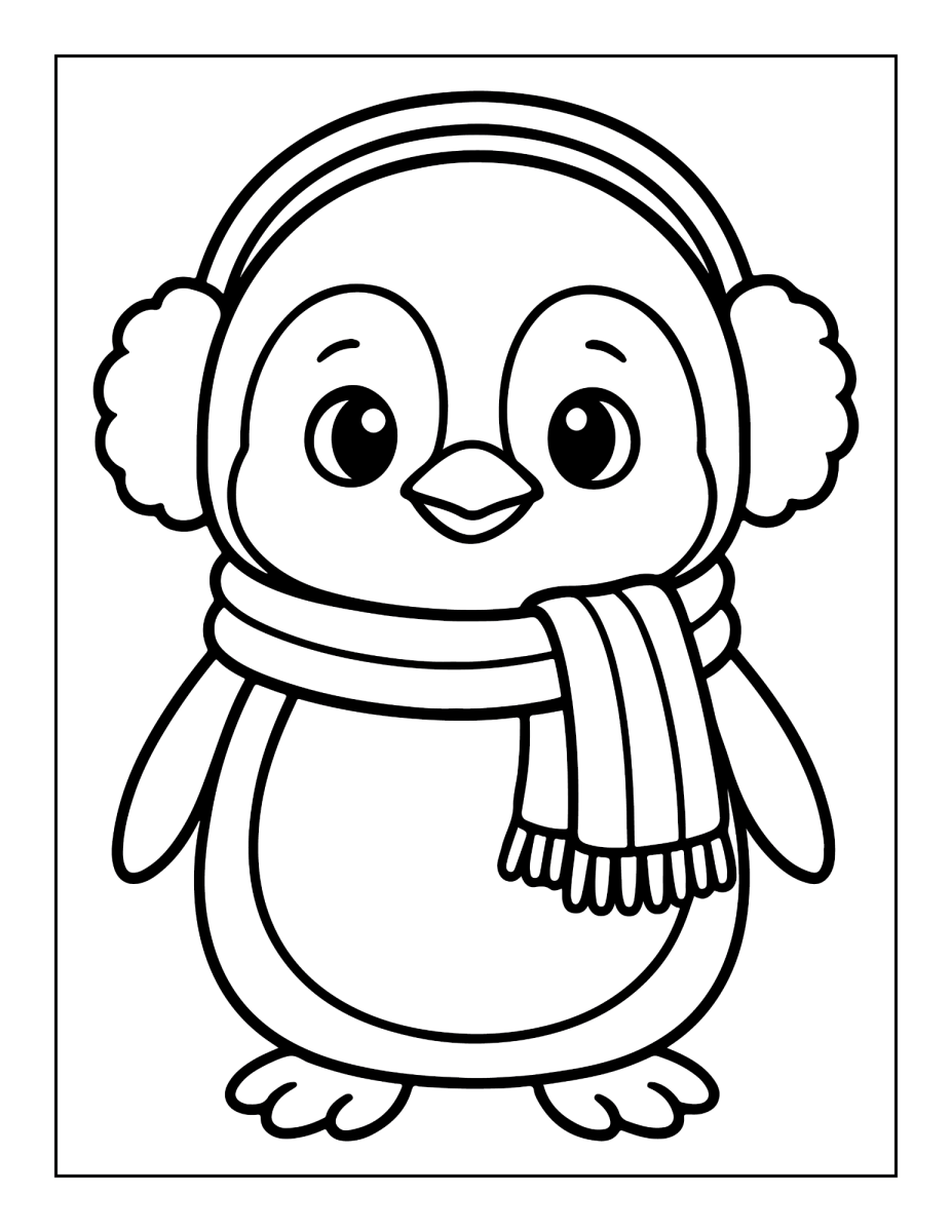 Pinguim de protetor de orelha e cachecol para colorir