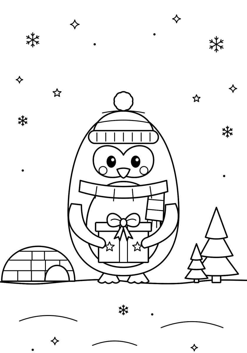 Pinguim de touca com iglu e pinheiro para colorir