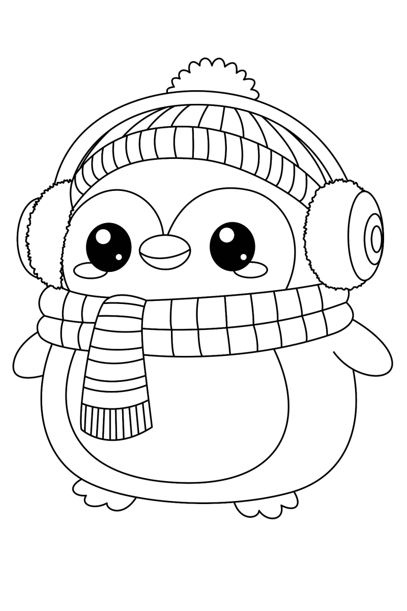 Pinguim de touca de lã e cachecol para colorir