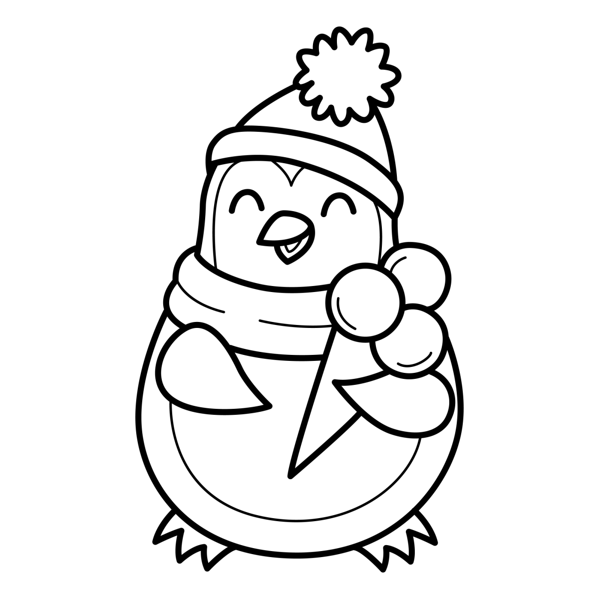 Pinguim de touca segurando bola de neve para colorir