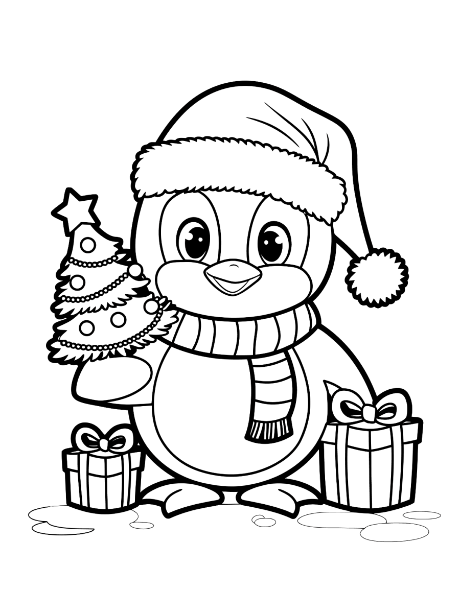 Pinguim decorando a árvore de Natal para colorir