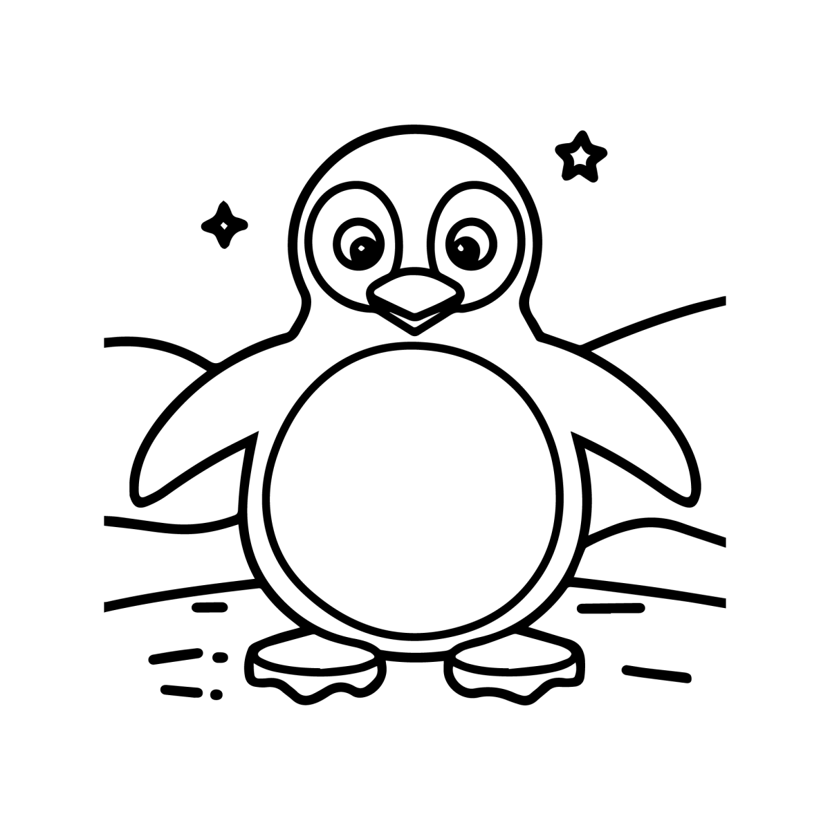 Pinguim feliz no gelo com estrelinhas para colorir