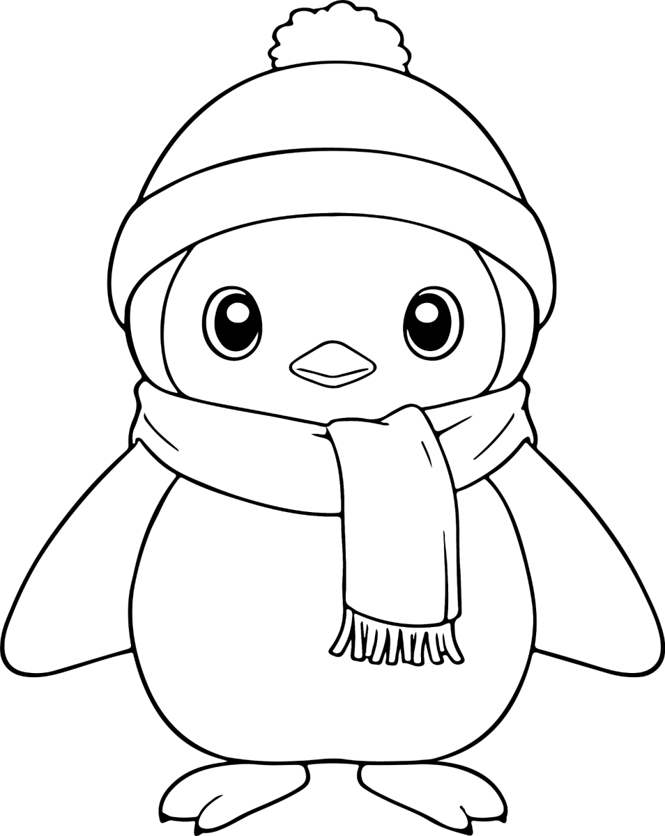 Pinguim fofo de touca e cachecol para colorir
