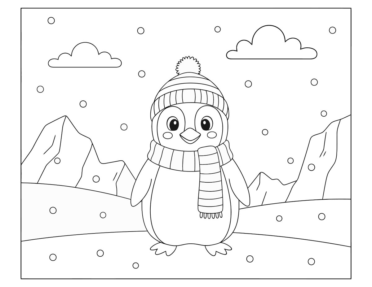 Pinguim na neve com montanhas ao fundo para colorir