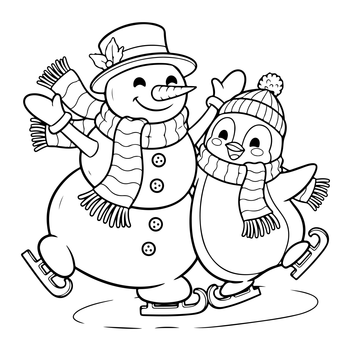 Pinguim patinando com o boneco de neve para colorir