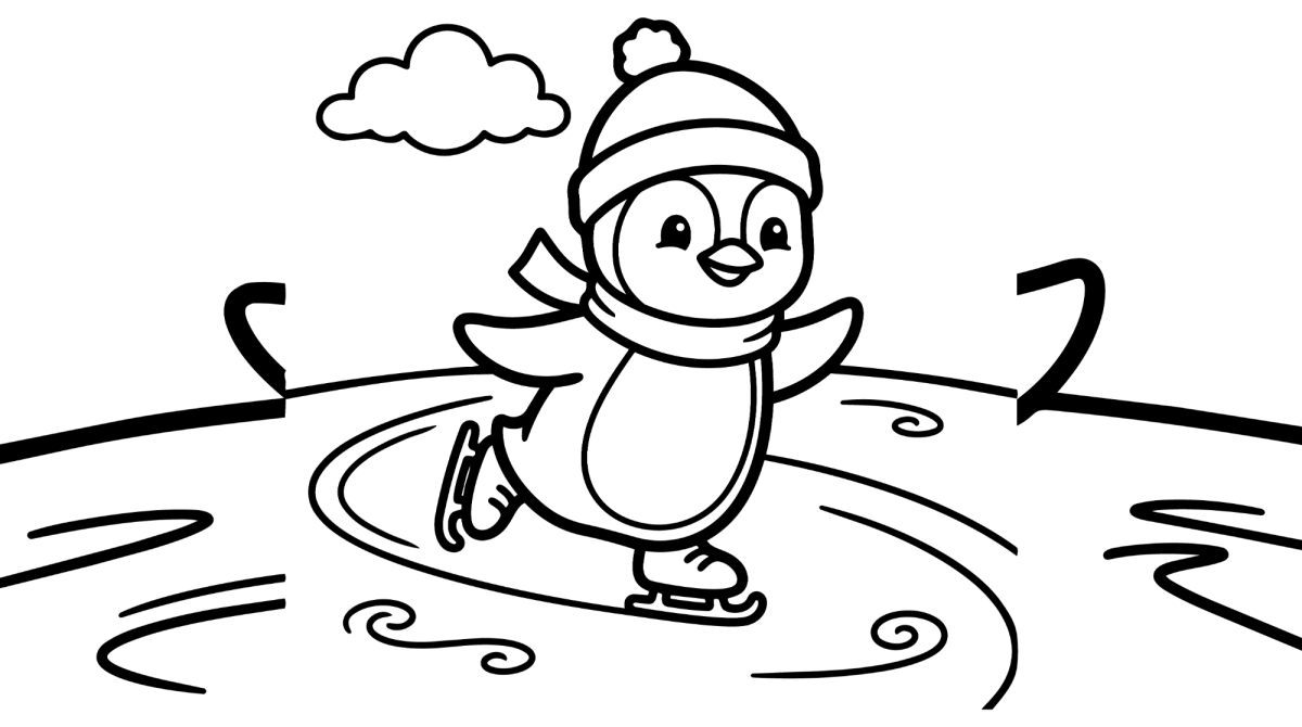 Pinguim patinando no lago congelado para colorir