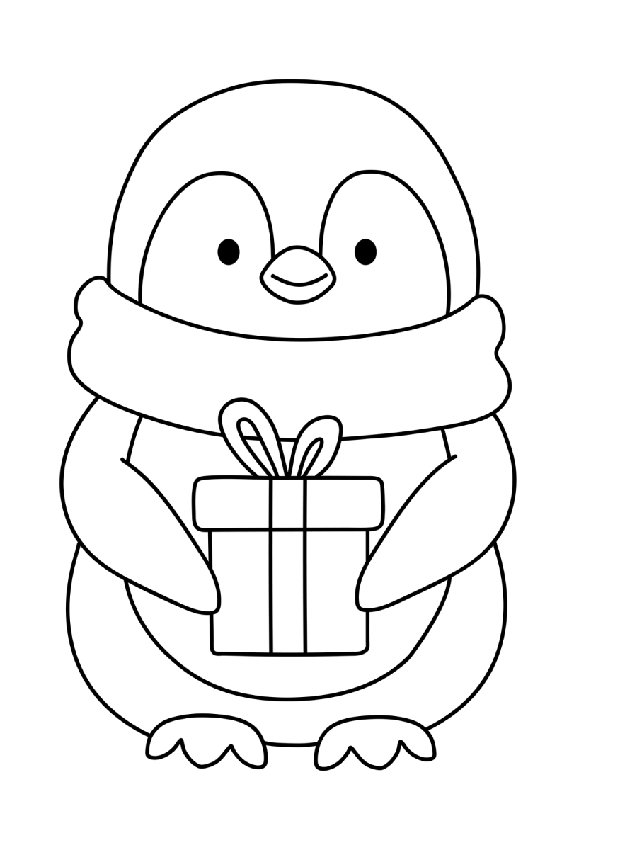 Pinguim segurando um presente de Natal para colorir