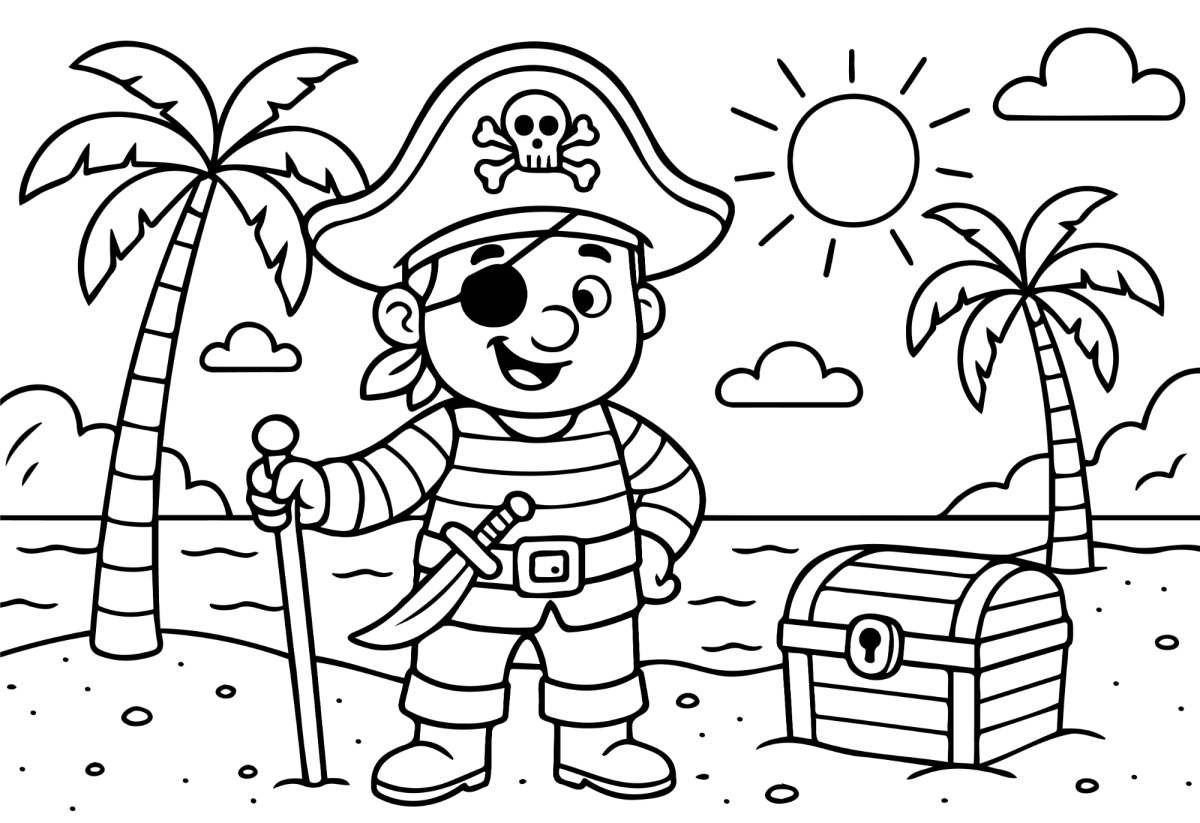 Pirata na praia com baú de tesouro e palmeiras para colorir